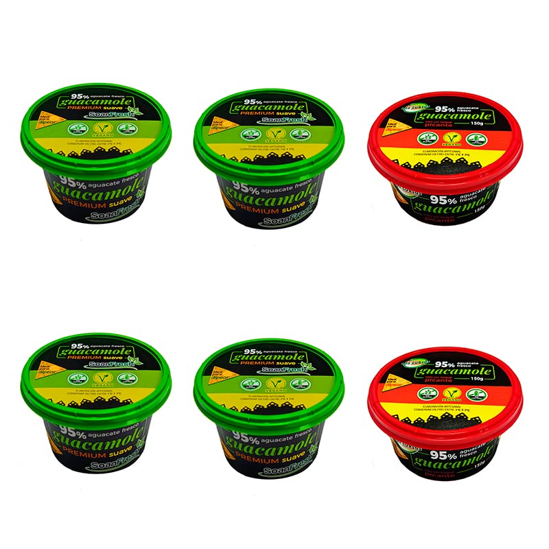 Guacamole tradicional Suave Y Guacamole Picante. PACK 4+2 (4 tarrinas suave y 2 picante). Salsa de guacamole Estilo Casero. Elaborado con 95% de aguacate fresco