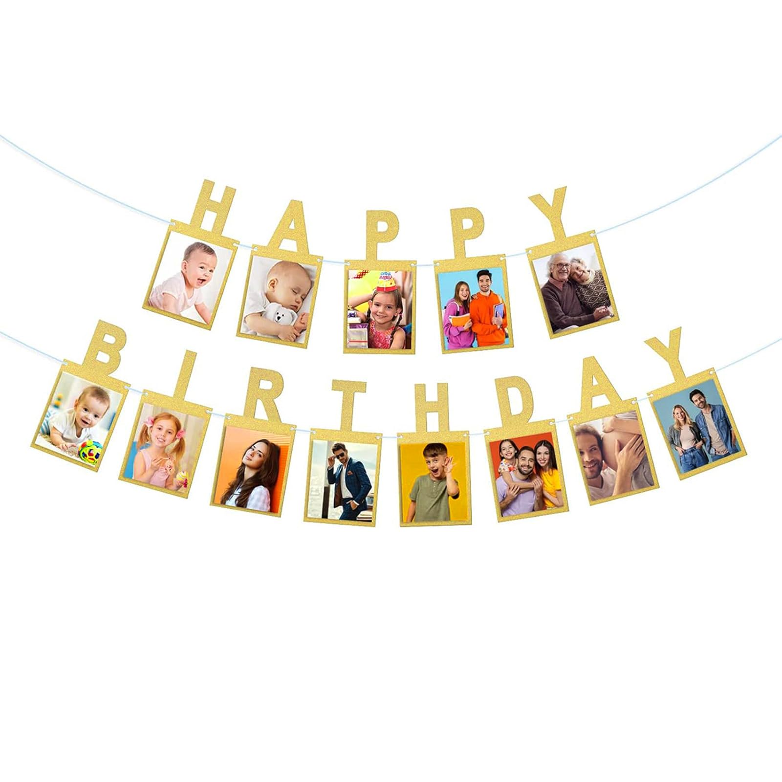 Happy Birthday Photo Banner Gold Glitter Bunting Garland with Plastic Needle and Extra Ribbon for Kids Adults Party Decorations