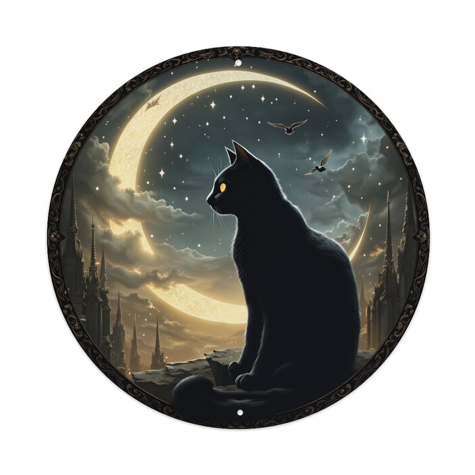 Moonlit Cat Silhouette Fantasy Sky Round Tin Sign Vintage Metal Poster, Home Bar Garage Man Cave Cafe Indoor & Outdoor Wall Decoration 8x8Inches