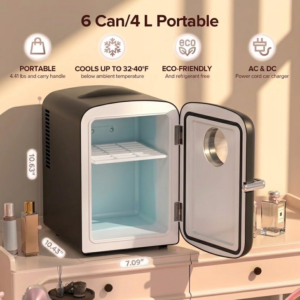  4L Mini Fridge 6 Can Clear Glass View Beverage Cooler, Glossy Black thumbnail
