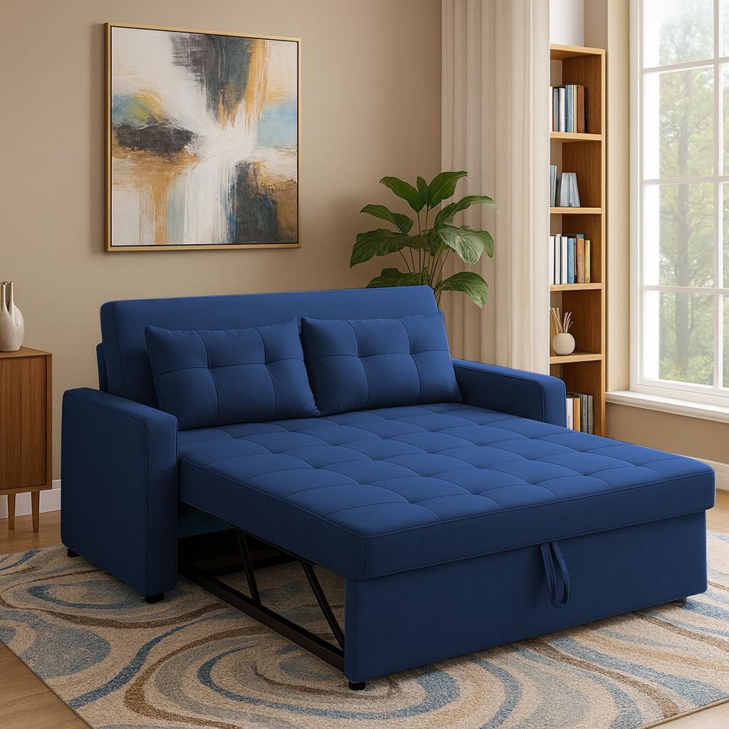 Casaliving Treshta 2 Seater Pull-Out Premium Fabric Sofa Cum Bed Sofa Set for Living Room (Blue Fabric Color) Premium Fabric Sofa Set for Living Room