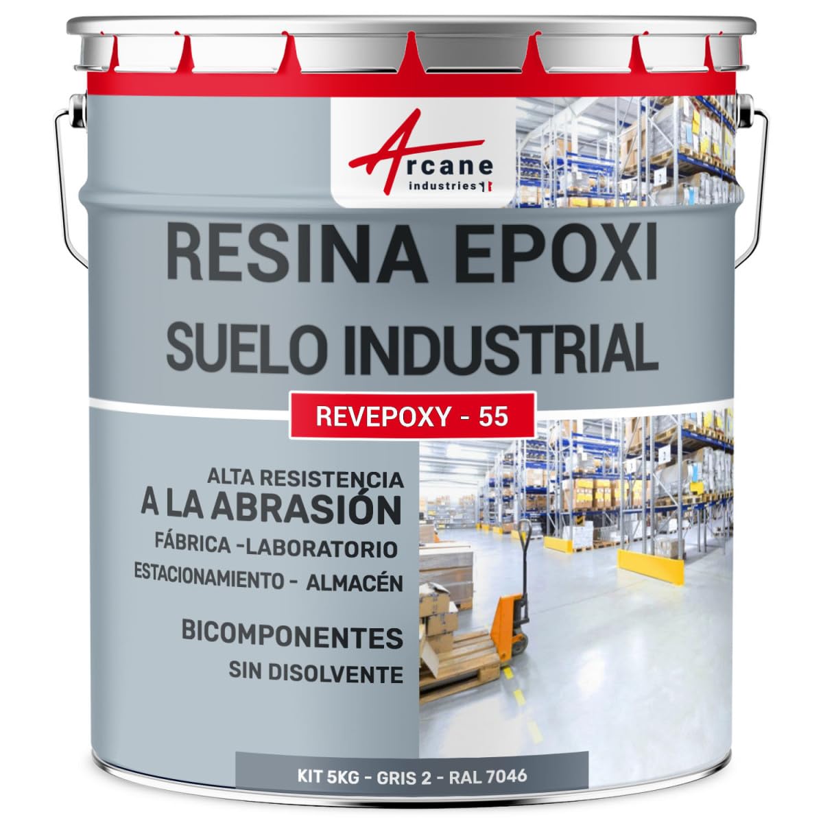 ARCANE INDUSTRIES Pintura epoxi para suelos industriales - REVEPOXY TRÁFICO INTENSO - 5 Kg (hasta 10 m² en 2 capas) Telegris 2 - RAL 7046