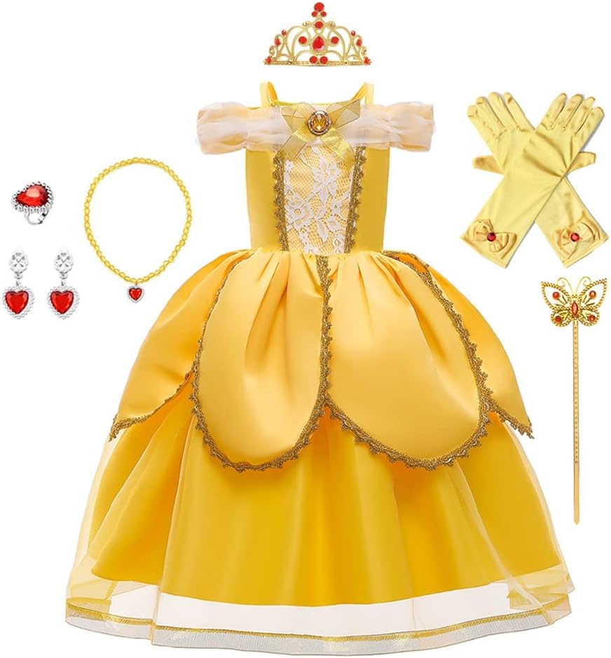 Girls Beauty and The Beast Costume Belle Princess Birthday Party Christmas Halloween Fancy Dress w/Accessories Set