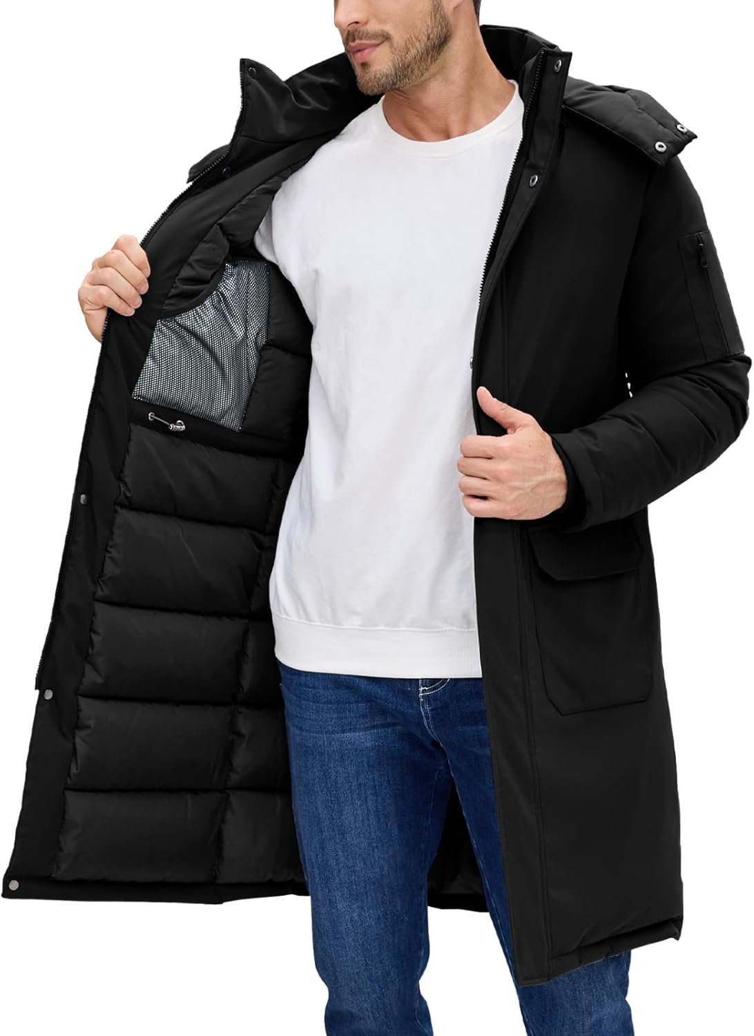 Voqeen Warme winterjas voor heren, gewatteerd, met zakken, winddicht, jas met capuchon, ritssluiting, winterjas, Grijs, XL