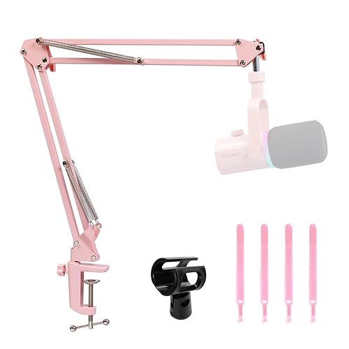 FEELWORLD AMS1 Microphone Boom Arm, Adjustable Mic Arm Stand with 3/8” to 5/8” Screw, Compatible with PM1 and other Mics for Podcast Straming Gaming Studio （Pink) - Pink
