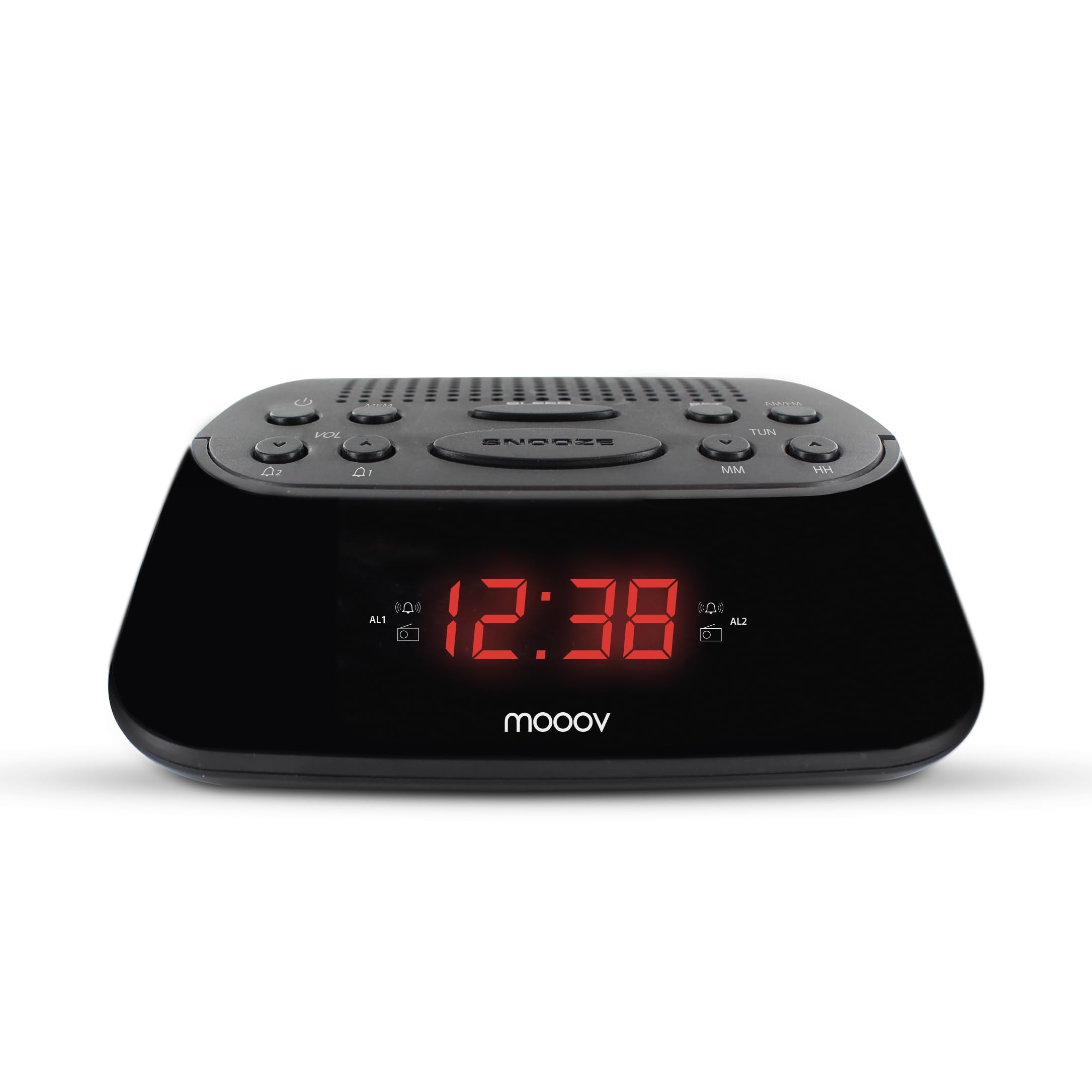 METRONIC 477003 Radio-Réveil FM Double Alarme (Programmable Radio FM ou Buzzer) avec Grand Ecran Affichage Rouge, Fonction Snooze, Alimentation Secteur + Sauvegarde Piles, Simple d'Utilisation - Noir