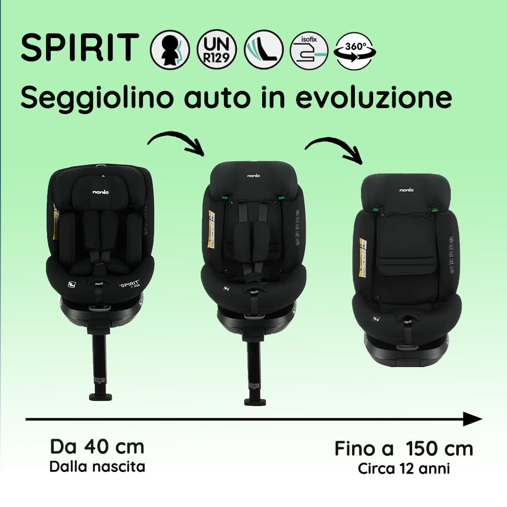 Nania - Seggiolino auto SPIRIT girevole a 360° - Taglia I 40-150 cm - Aggiornabile dalla nascita a circa 12 anni - Gruppo 0+/1/2/3 - Attacchi isofix + gamba di supporto (Spirit noir)