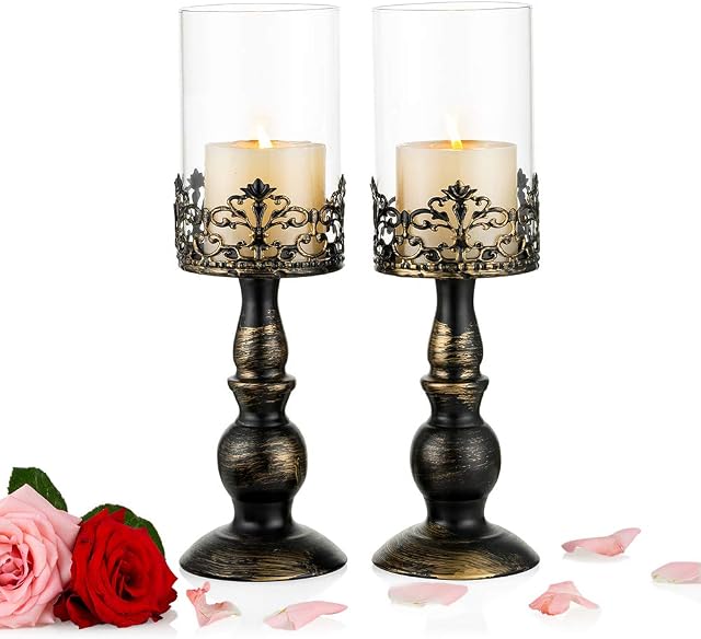 NUPTIO 2 Pcs Vintage Candle Holders for Tables, Black Pillar Candle Holder with Glass Cover, Antique Hurricane Candlestick Display for Home Wedding Christmas Party Candlelight Dinner Decoration