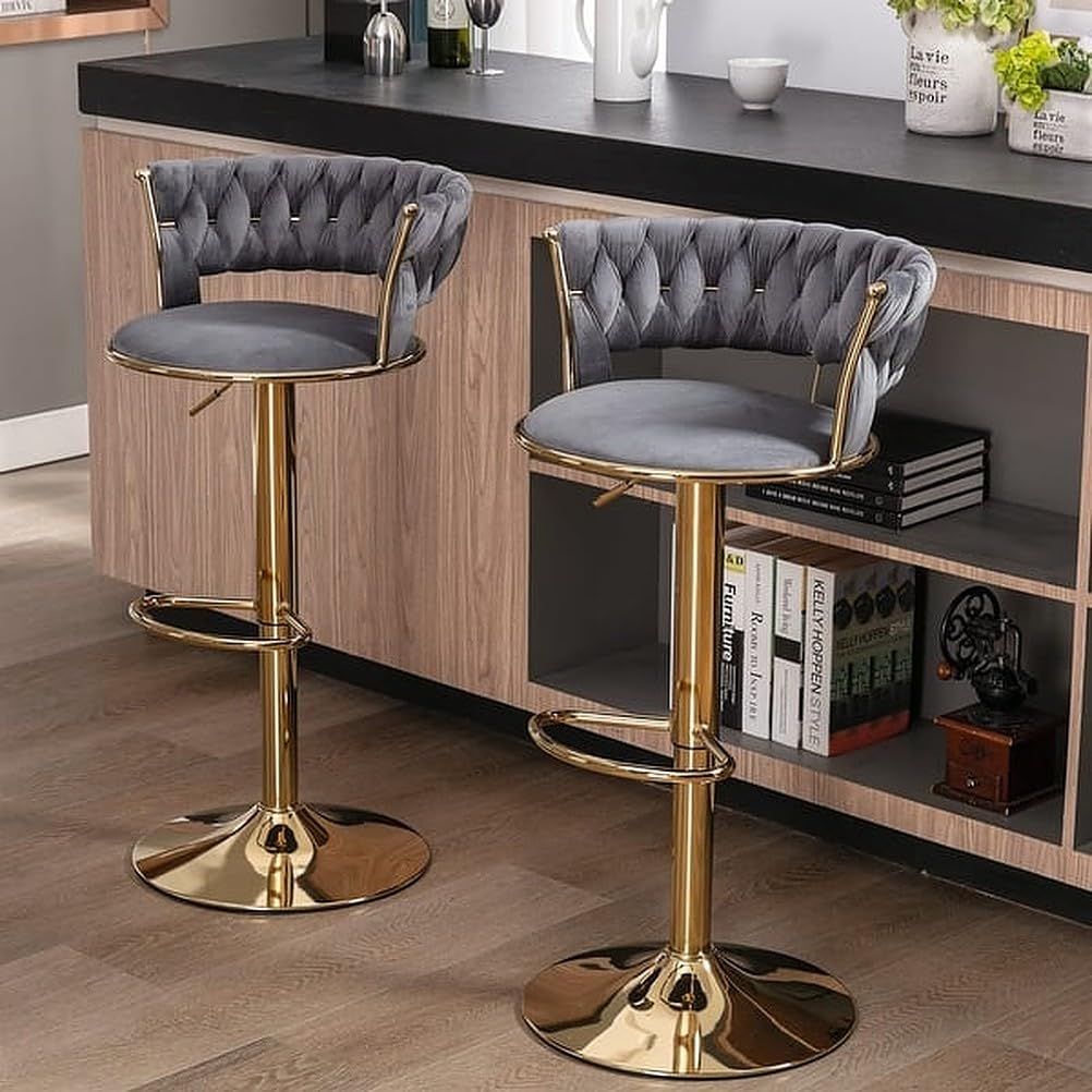 My Art Design - Set of 2 Bar/Kitchen Chairs 360 Degree Rotatable Swivel Elegant Classy & Comfortable Chair with Golden Base and Velvet Fabric (2 Chairs) (Dark Grey)-image-6