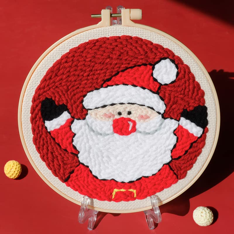 Punch Needle Embroidery Starter Kit for Kids & Adults - Beginner Friendly with Punch Needle Tool, Threader, Stamped Fabric, Hoop, Christmas Man Yarn Rug
