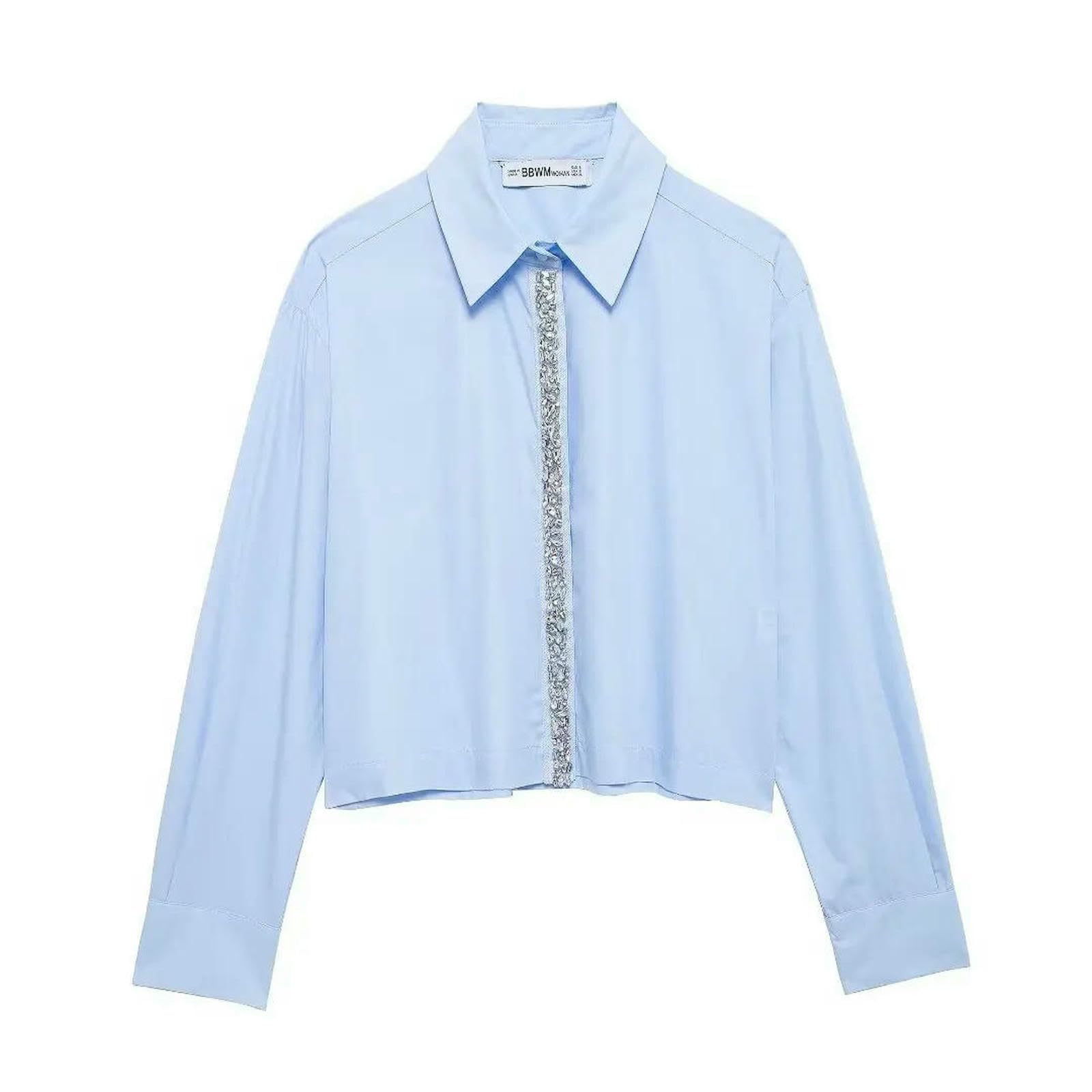 Camicia Donna Camicetta Blu Moda da con Collo Bavero E Maniche Lunghe, Casual, Chic, Donna-Blu-l