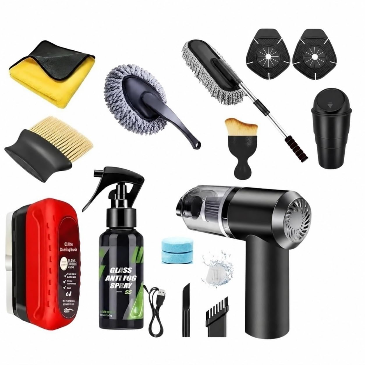 11 PCS Car Interior Cleaning Kit with Portable Mini Vacuum Cleaner,Car Duster,Detailing Brush, Anti Fog Spray,Microfiber Cloth,Dustbin,Oil Film Cleaner,Cleaning Tablets,Wiper Protection Set-image-46