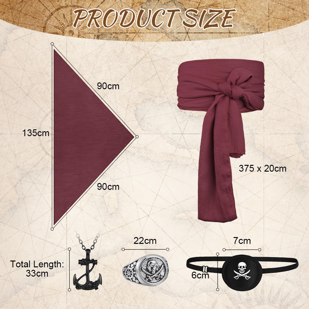 Alaoo 5 Pcs Pirate Costume Accessories Set, Captain Accessories with Bandana Sash Belt Eye Patch Anchor Pendant Chain - Image 2