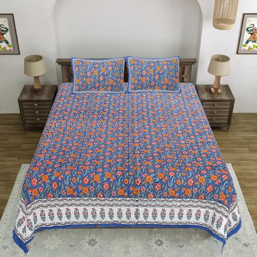 Image of Living Roots Jaipuri Hand Block Print Double Cotton Bedsheet & 2 Pillow Covers, for Mattress Upto 8 inches Thick, No Colour Bleeding, Yellow Colour, Super King Size 96 * 104 inches, 150TC (577-C)