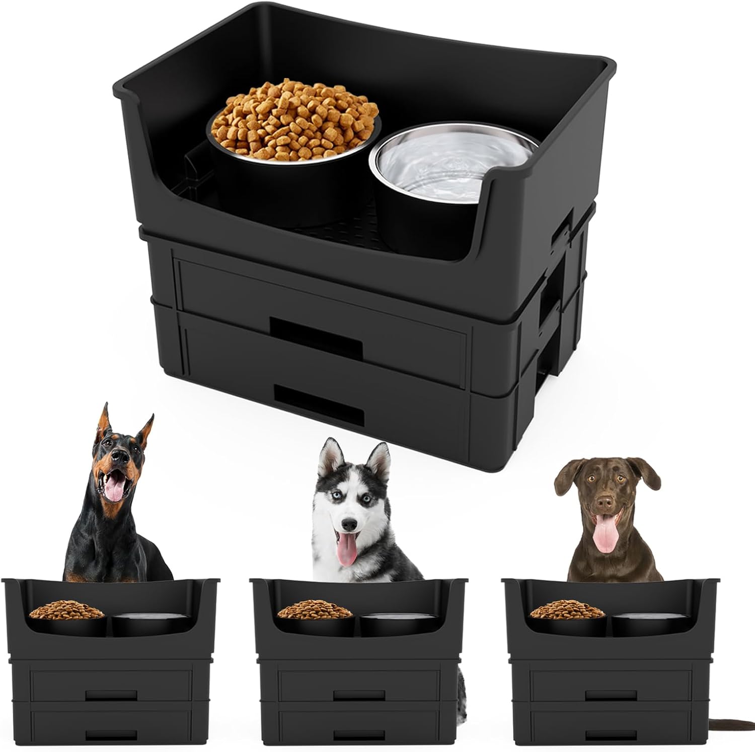 Mess Proof Dog Bowls, No Mess Dog Food and Water Bowl, Dog Feeding Station with 2 Stainless Steel 1.25L/43oz Bowls, Spill-Proof Pet Feeder for Medium and Large Dog Large Black