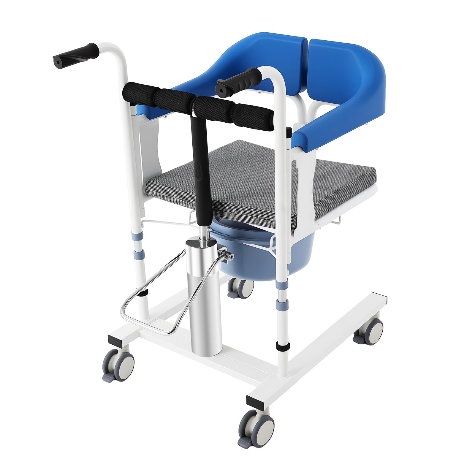 Silla Elevadora Hidráulica de Transferencia para Pacientes que Pueden Mantenerse Sentados, Altura Ajustable 42-60 cm, Carga 100 kg, Respaldo 180°, Ruedas con Freno, Ducha e Inodoro, Azul