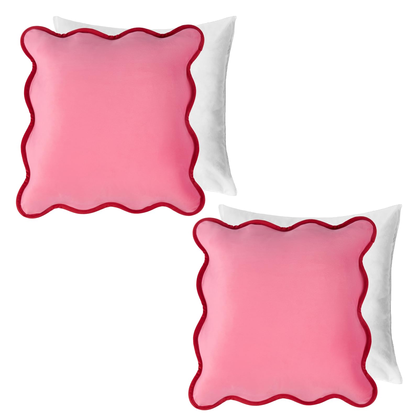 Ohs Pink/Red Matte Velvet Scallop Edge Filled Cushions With Covers, Soft Velvet Valentines Decoration Sofa Pillowcases 2 Pack With Hidden Zipper For Livingroom Bed, - 45X45cm