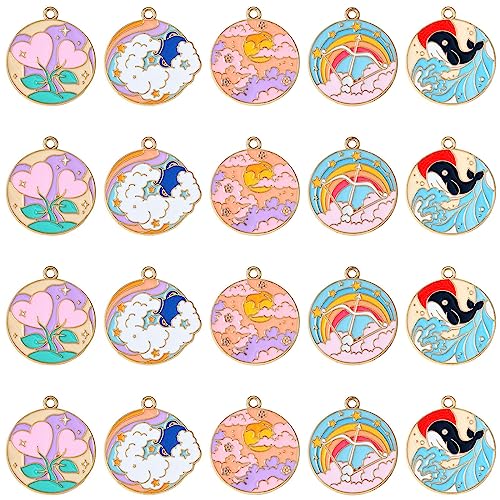 Stiesy 25Pcs 5 Styles Cute Enamel Flat Round Charms Pendants Colorful Dolphin Heart Rainbow Patteern Dangle Charms for DIY Jewelry Making Bracelet Crafts