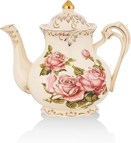 Tetera de cerámica, 25 onzas3 tazas, tetera pequeña de porcelana floral vintage con borde dorado, estilo europeo, regalo para mujeres, ideas
