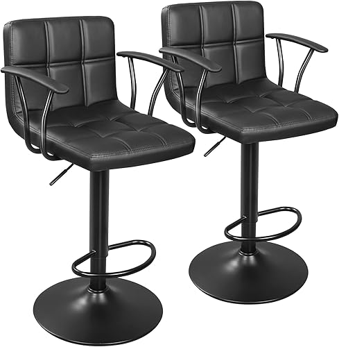 Juego de 2 taburetes de bar, taburetes de bar giratorios ajustables con respaldo, sillas de altura de mostrador de cuero sintético de doble aguja