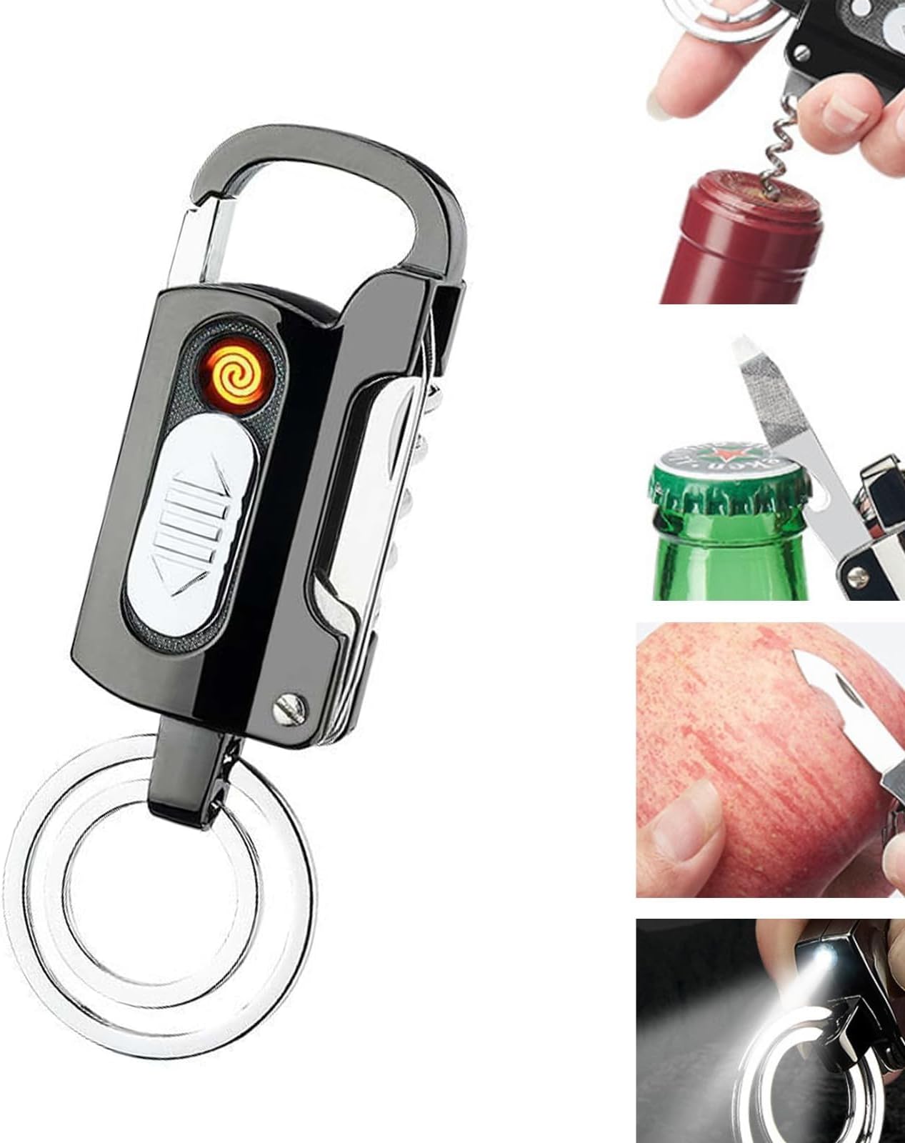 Multifunctional Waterproof Keychain Lighter, Rechargeable Multi Tool Electric Flashlight Lighter, Carabiner Flashlight Lighter, Emergency Survival Gear Hiking Outdoor, Gift for Dad (Color: Black)