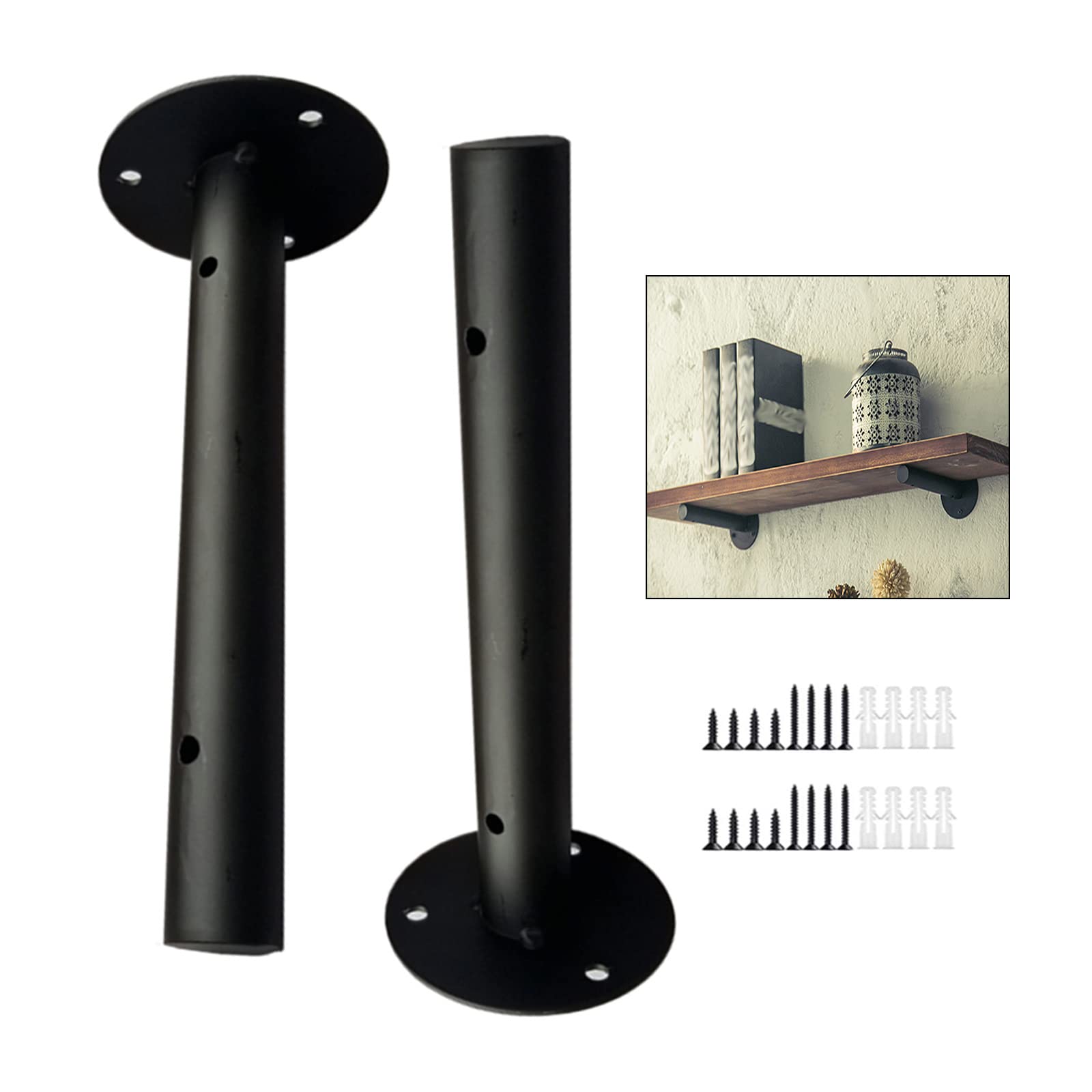 Sonakia Black Round Pipe Shelve Bracket, Scaffold Board Supports, Hidden Iron Floating Shelf Bracket, Heavy Duty Metal Storage Bracket, 15/20/30/35Cm, 2Pcs,15Cm/5.9In