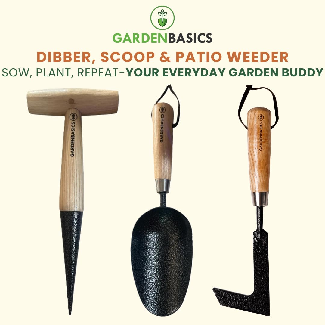 GARDENBASICS 3 PCS Gardening Tools Kit for Home Garden | Rust Proof Garden Tool Set | Heavy Duty | Wooden Handle | Farming Tools for Indoor & Outdoor Use | Potting Soil Scoop, Patio Weeder & Dibber 2