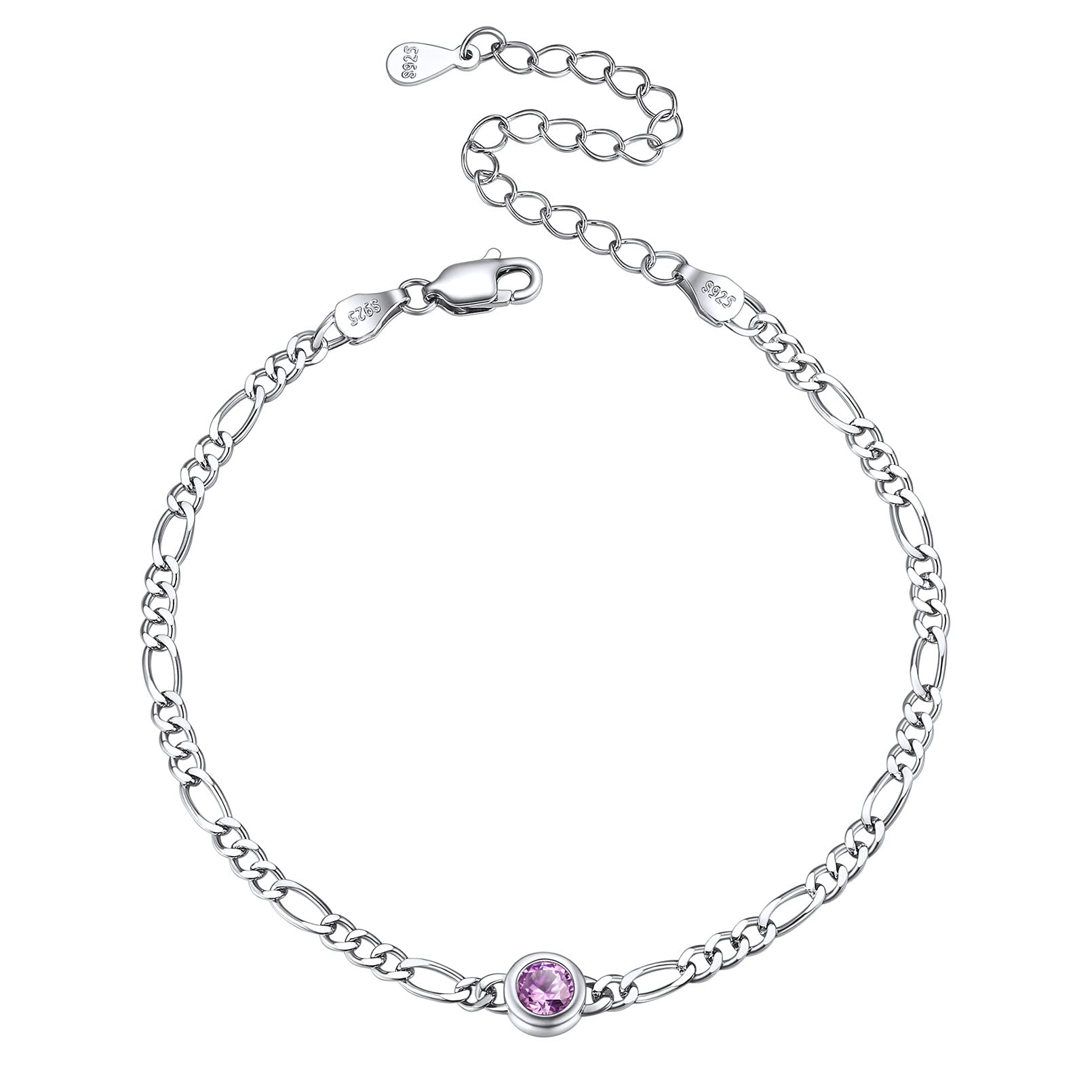ChicSilver 925 Sterling Silver Heart/Round Birthstone Figaro Chain Bracelet for Women Mothers Day Birthday Jewelry Gifts