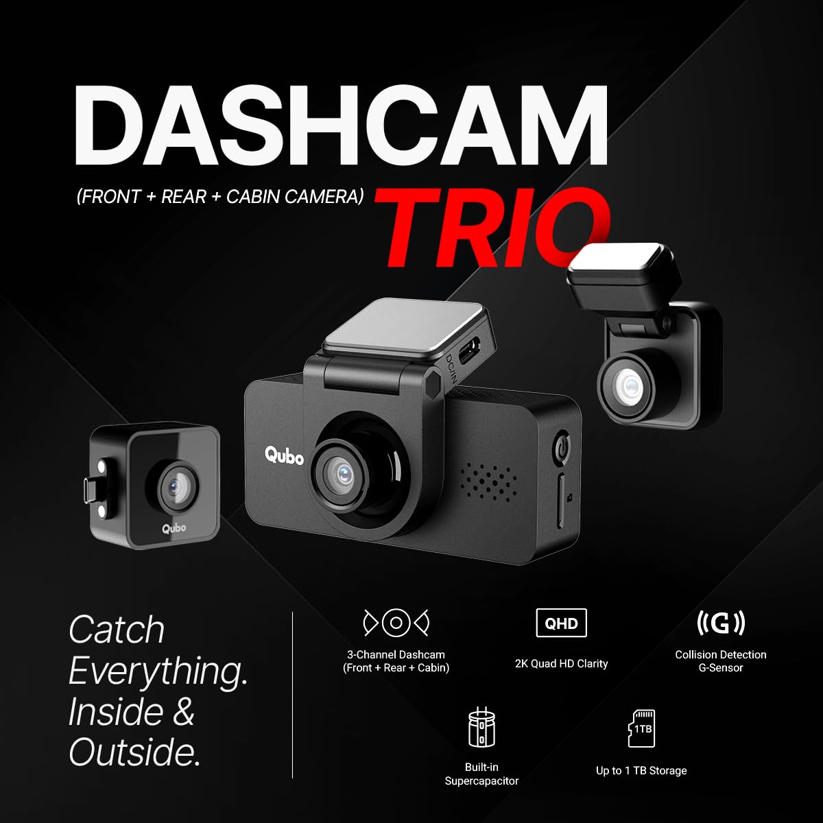 Qubo 3-Channel Dashcam Trio by Hero Group (Front+Rear+Cabin Camera) [New Launch] | 4MP | Built-in Wi-Fi & GPS | Wide FOV | IR Night Vision | App Control | Supports up to 1TB SD Card — Amazon image 2