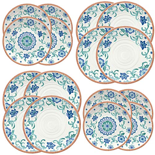 Turquoise Floral Outdoor/Camping/BBQ - Plastic/Melamine 4 Piece Dinner & Side Plates (16)