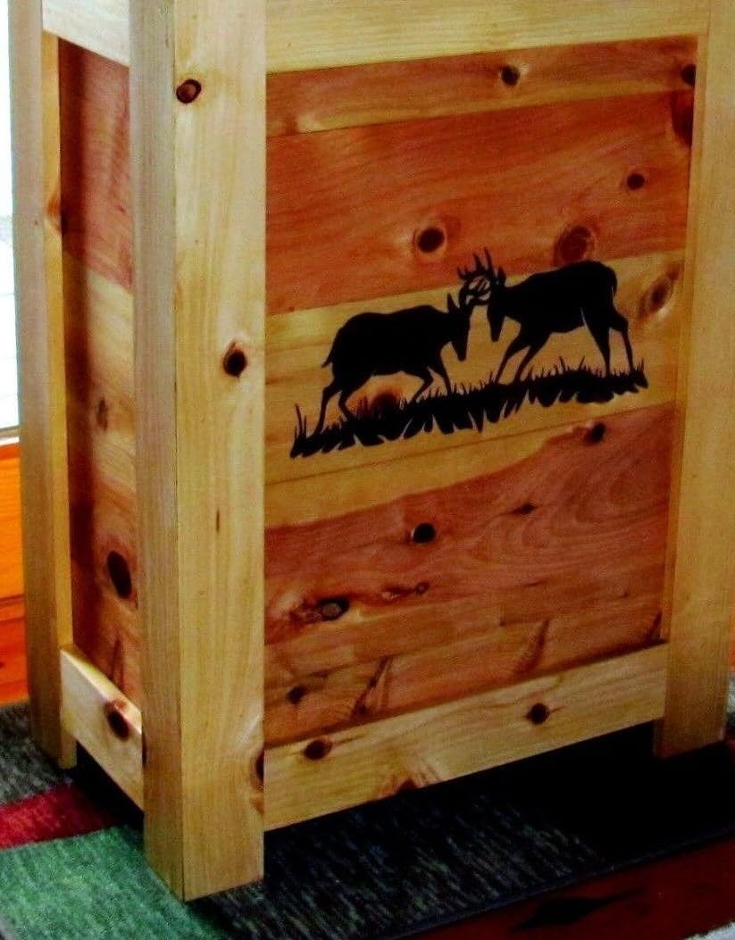 New Rustic Fighting Bucks Wood Kitchen Trash Bin Garbage Can 33 Gal Cabin Western Decor New Commerial Grade Heavy Duty Swing in lid Upgraded Lid for Home, Cabin, Business, Farm House, or Gift