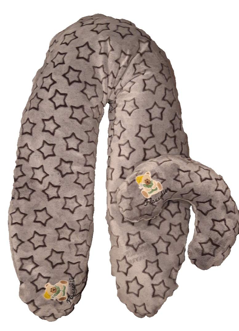 Original handgemachte Stillkissen XXL und Mini Stillkissen (für unterwegs) Set von Flauschii Wellness Fleece Schwangerschaftskissen Logo leuchtet im Dunkeln Bezug ultra weich (Braun mit Sternen)