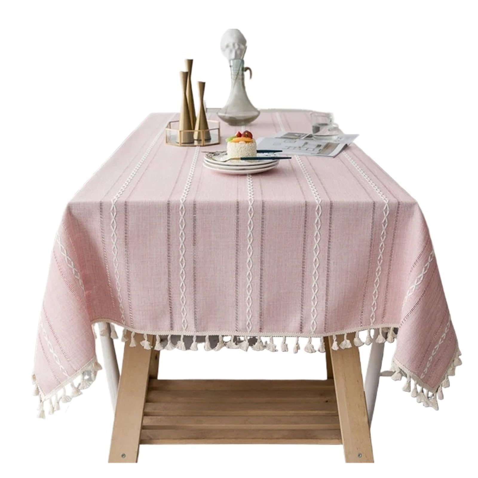 FonHNDG Striped Tablecloth Rectangle Dust-Proof Table Cover,Hollow-Carved Jacquard Weave Tablecloth,for Home Kitchen Dinner Party Tabletop Decoration(Pink,140x260cm)
