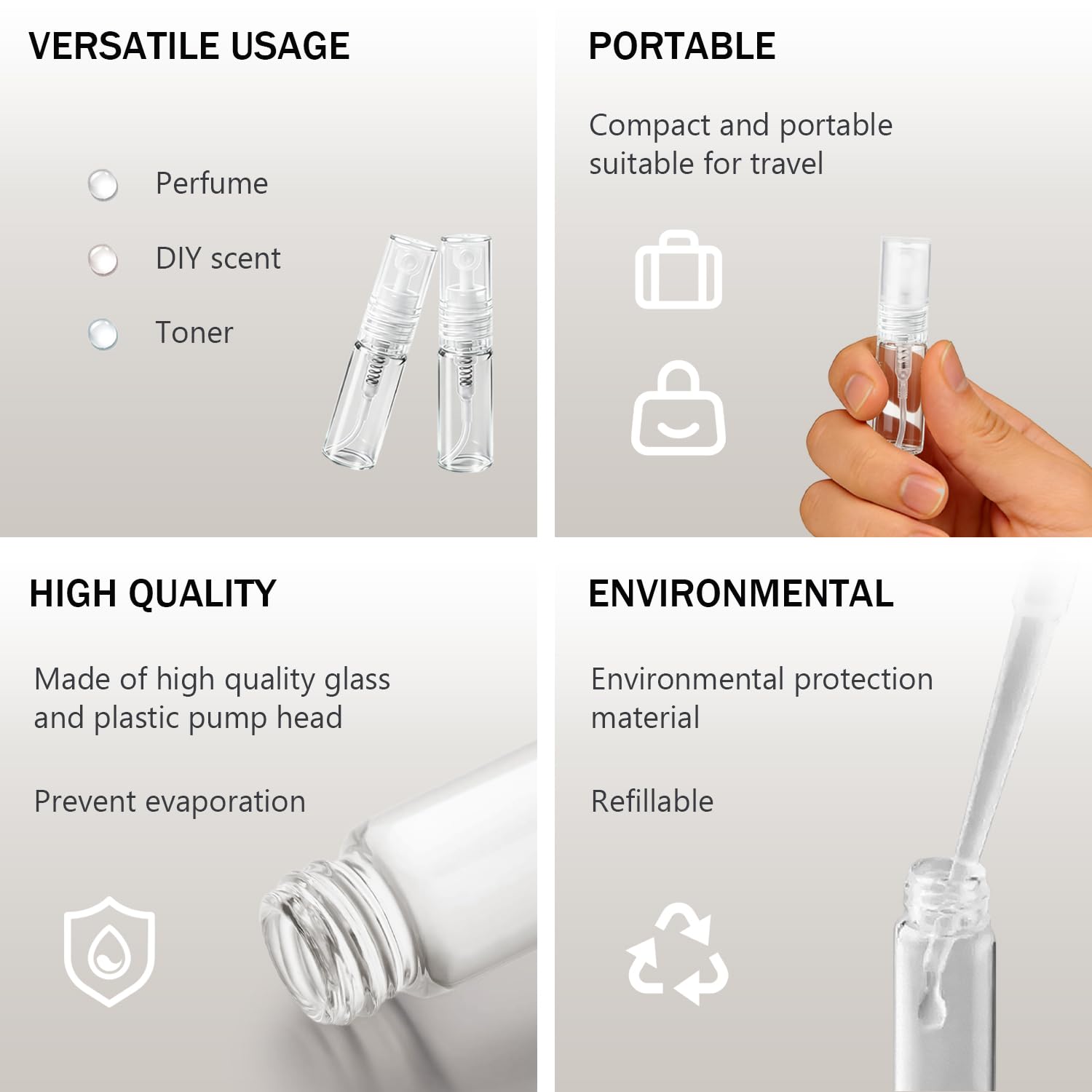 Photo 1 of Elfenstal- 10pcs Mini Clear 3ml 1/6OZ Atomizer Fine Mist Empty Glass Bottle Spray Refillable Fragrance Perfume Scent Sample Bottle 1pc Clean Cloth for Travel Party Makeup Tool 2pcs Free 3ml Pipette