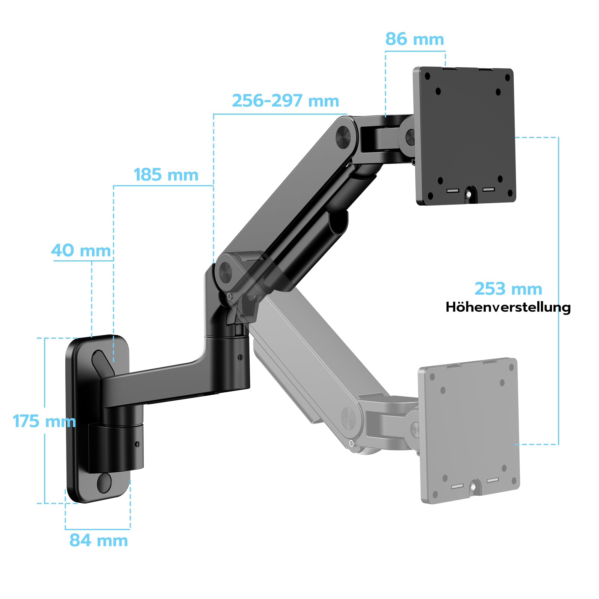 ARES WING Monitor Wandhalterung 1 Monitore für 17-49" Bildschirme, Schwarz | 20kg/Arm, Gasdruckfeder PC Monitor Hatlerung Wand,voll verstellbare Monitor Halterung für Büro&Gaming,VESA 75/100