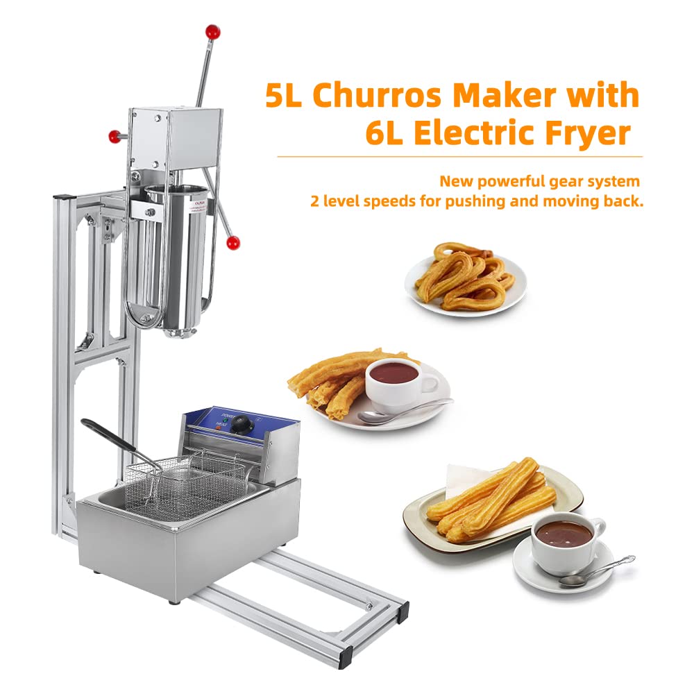 5L Vertical Spanish Churros Maker, Heavy Duty Manual Churros Machine With 6L Electric Fryer, 4Pcs Nozzles, Vertical Spanish Churrera Machine (mit Fritteuse)