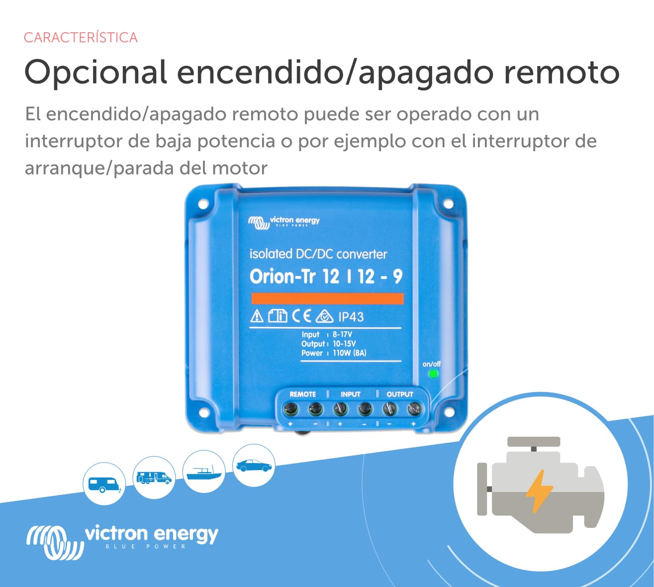 Victron Energy Orion-Tr IP43 12/12-Voltios 9 amperios 110-Vatios Convertidor de CC a CC Aislado | 12/12 voltios, 9 amperios, 110 vatios, protección IP43, para sistemas de batería dual, aislado