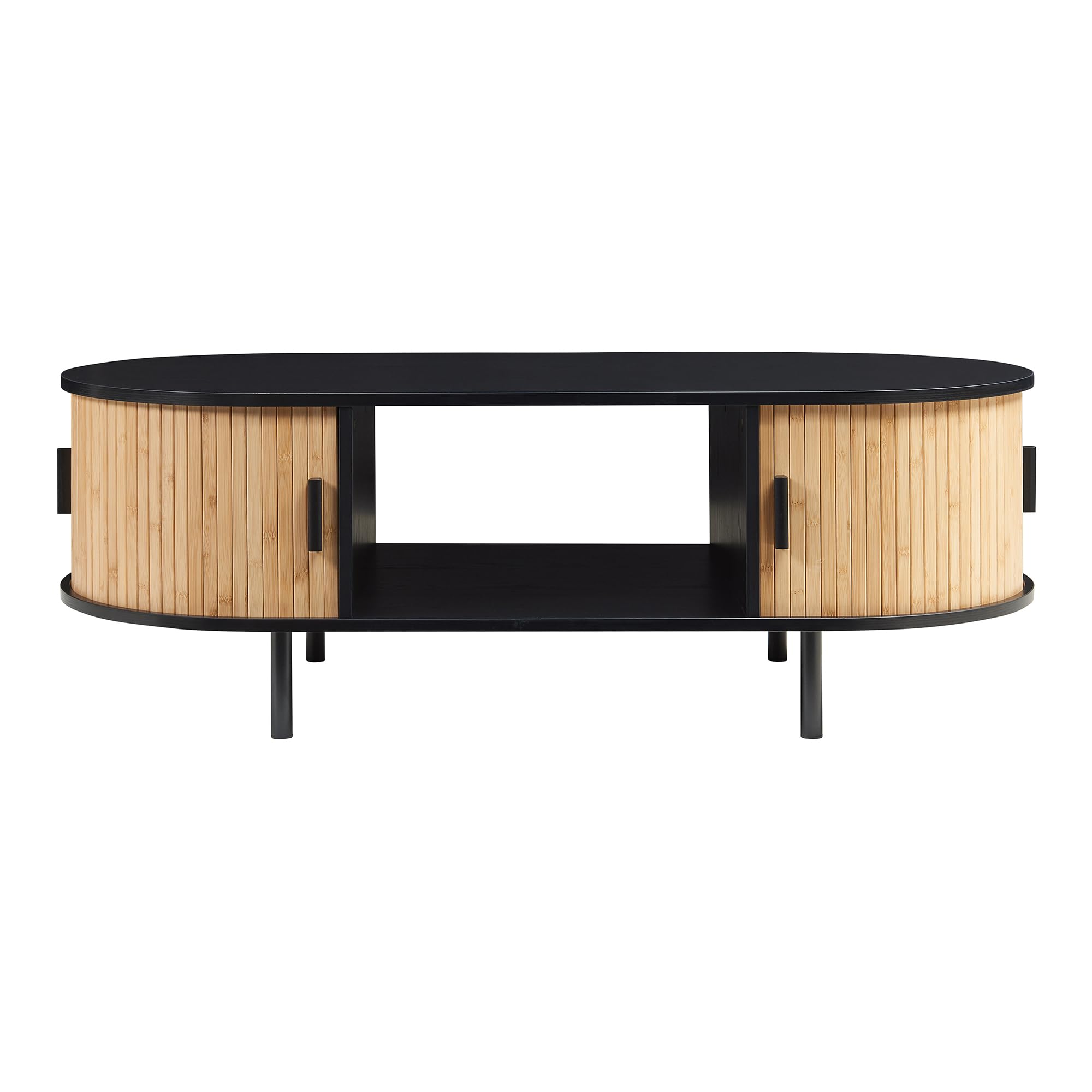 [en.casa] Table Basse Design Scandinave Table d'Appoint Bout de Canapé avec Portes Couilissantes Compartiments de Rangement MDF Bambou Métal 120 x 55 x 40 cm Naturel Noir