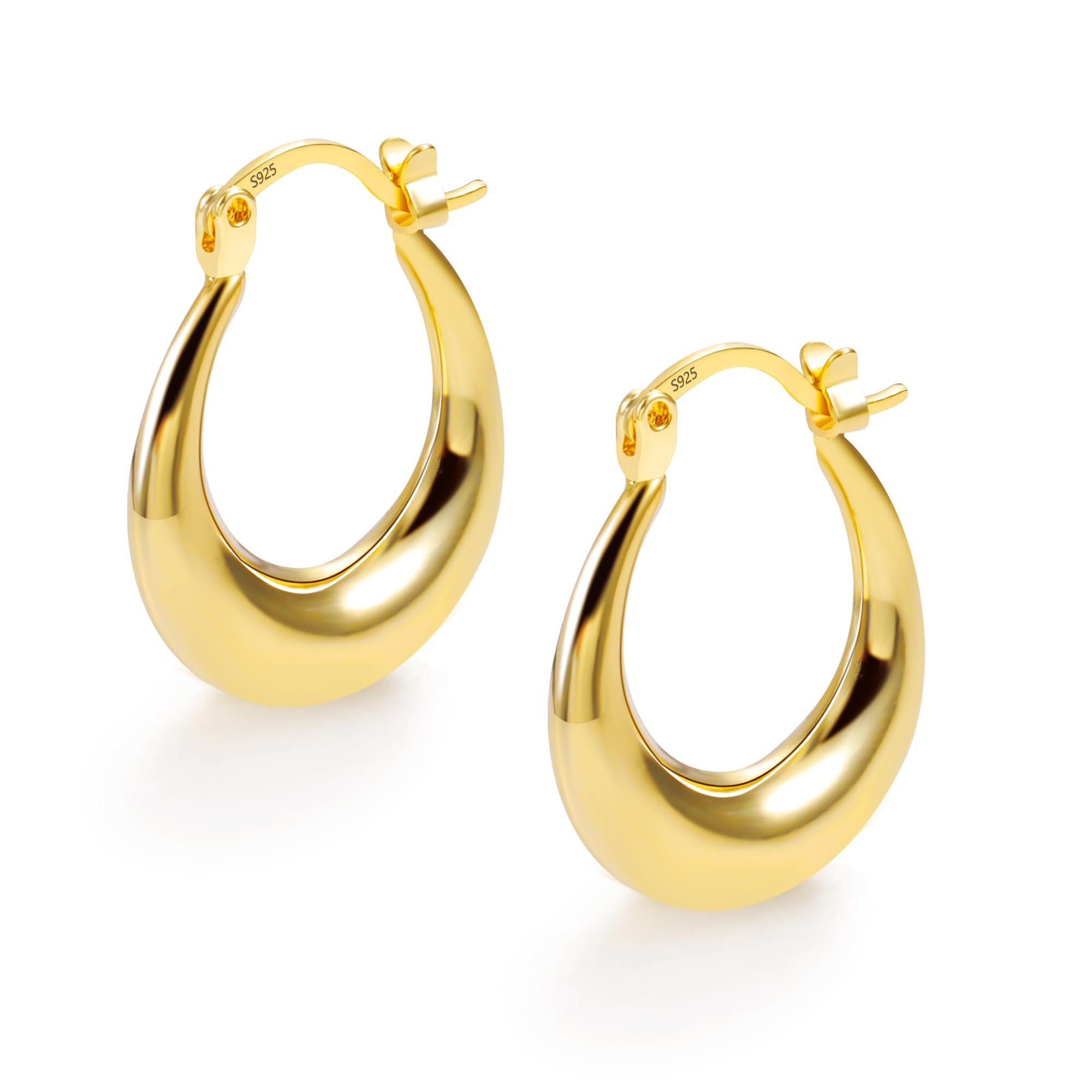 ASH'S CHOICE Pendientes de aro de plata de ley 925, grandes, de plata 925, ovalados, gruesos, bañados en oro de 14 quilates, pendientes de aro grandes, gruesos, hipoalergénicos, ovalados, grandes para mujeres y