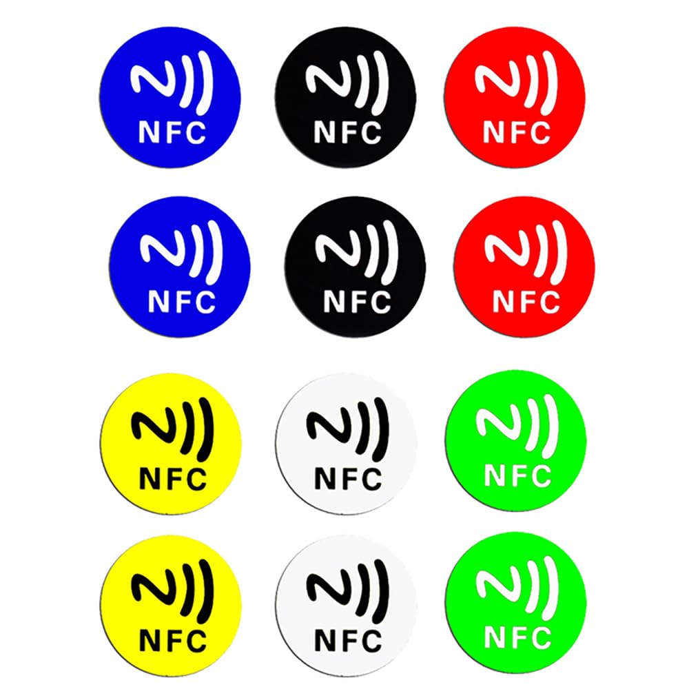 RubikNFC 215 Tags, Anti Metal Self-adhesive Ntag215 Stickers for iPhone and Android Smartphones and NFC-Enabled Devices, Ntag 215 Support 13.56mhz RFID, 504 Bytes Memory (Multicolor, 12 Tags)