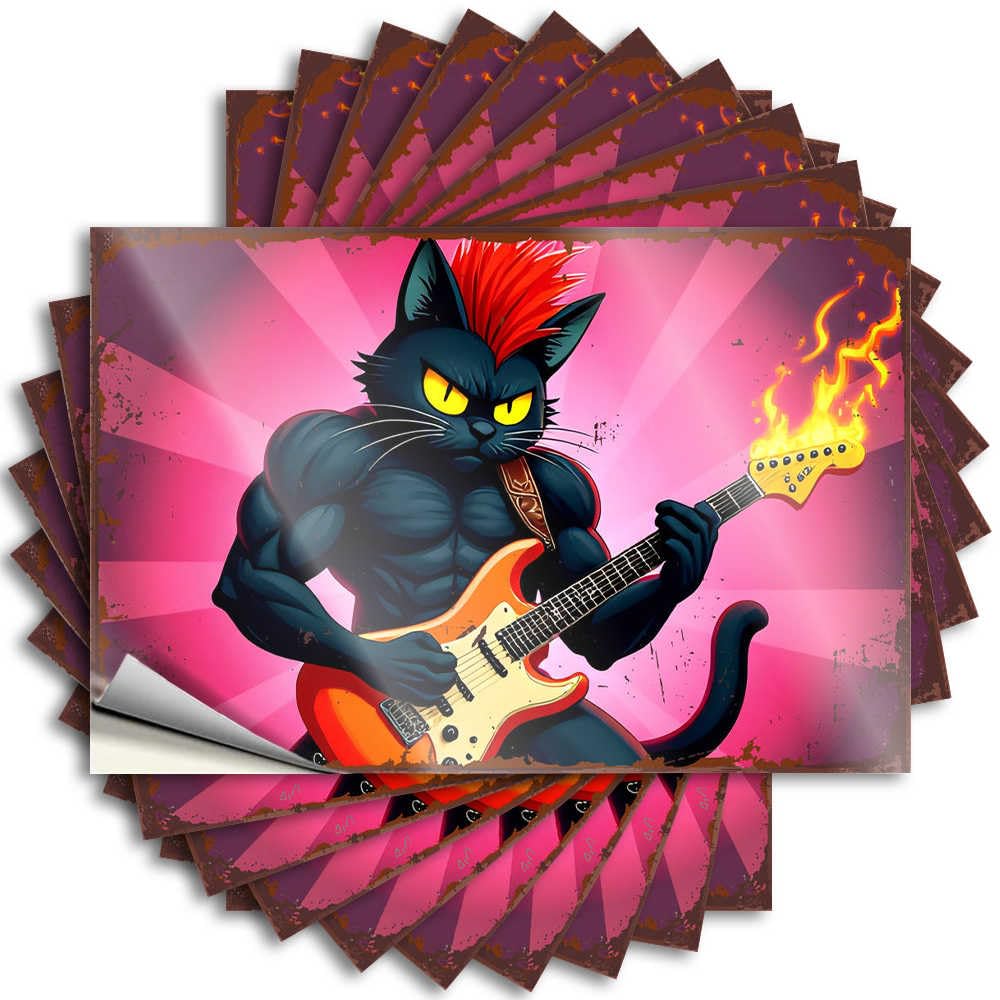 Black Cat Rock Star: Flaming Guitar Hero Positive Patio Decorations - Tattoo Water Removable Vinyl Decal(6X9CM)