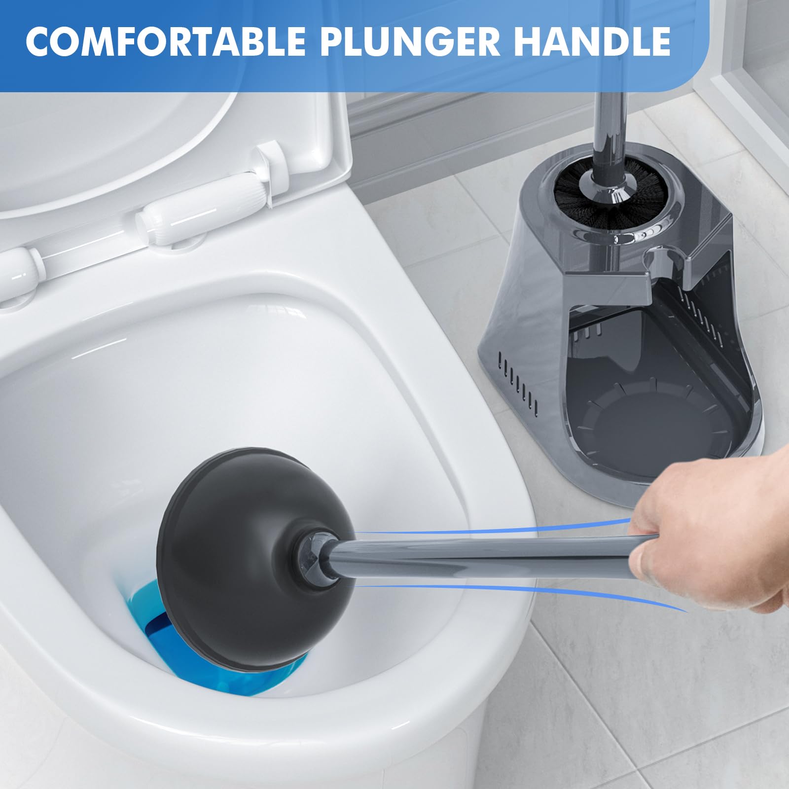LOVLOY Déboucheur et Brosse de Toilette avec Support, Brosse de Cuvette et Piston de Toilette Robuste avec Support ventilé, Brosse WC et Piston 2 en 1 pour vidange de Toilettes de 13,5 cm (Gris, 1)