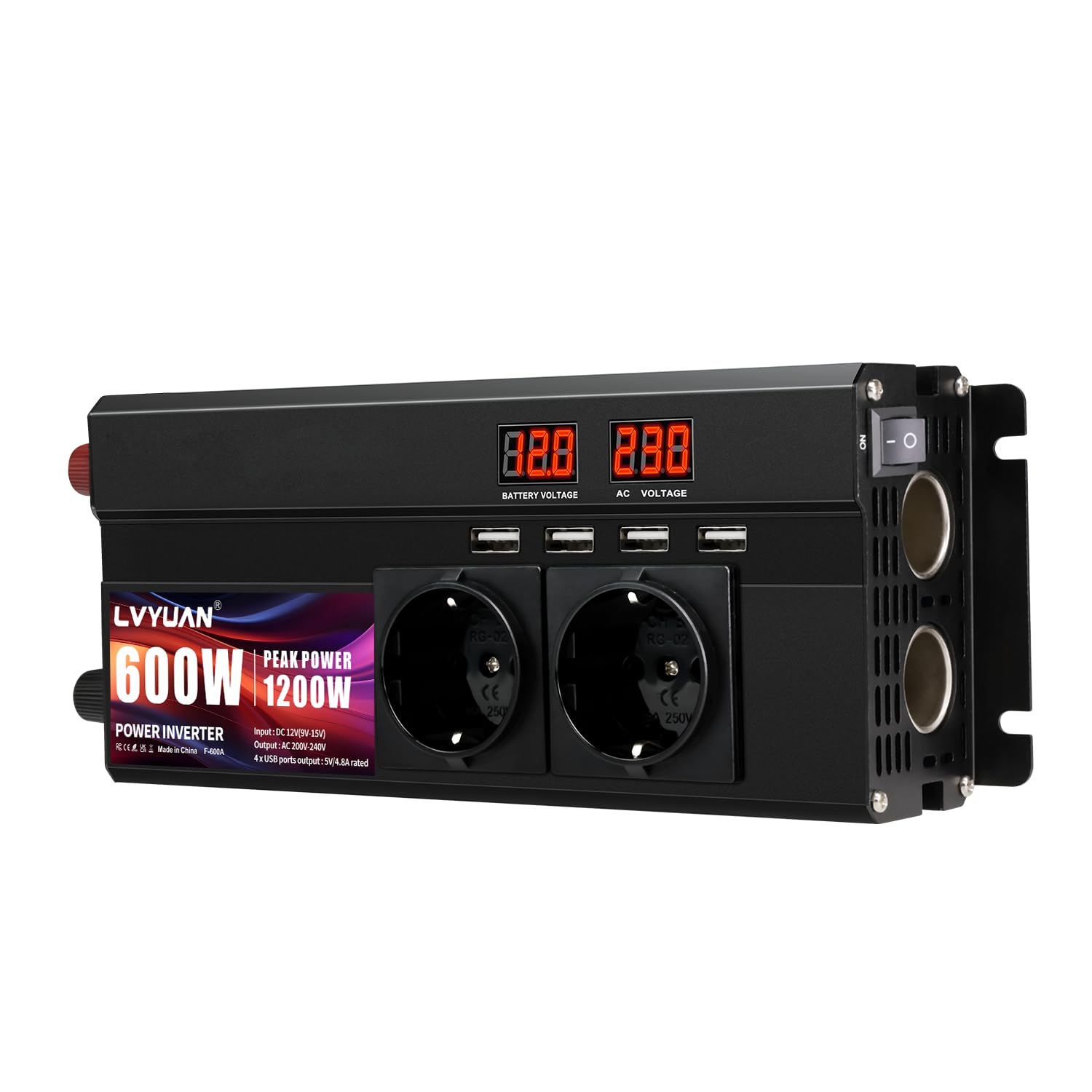 LVYUAN Convertisseur 12v 220v 1200W DC à AC convertisseur de Puissance Voiture onduleur Transformateur avec 4 Ports USB, 2 Prises EU et 2 Prises pour Allume cigares