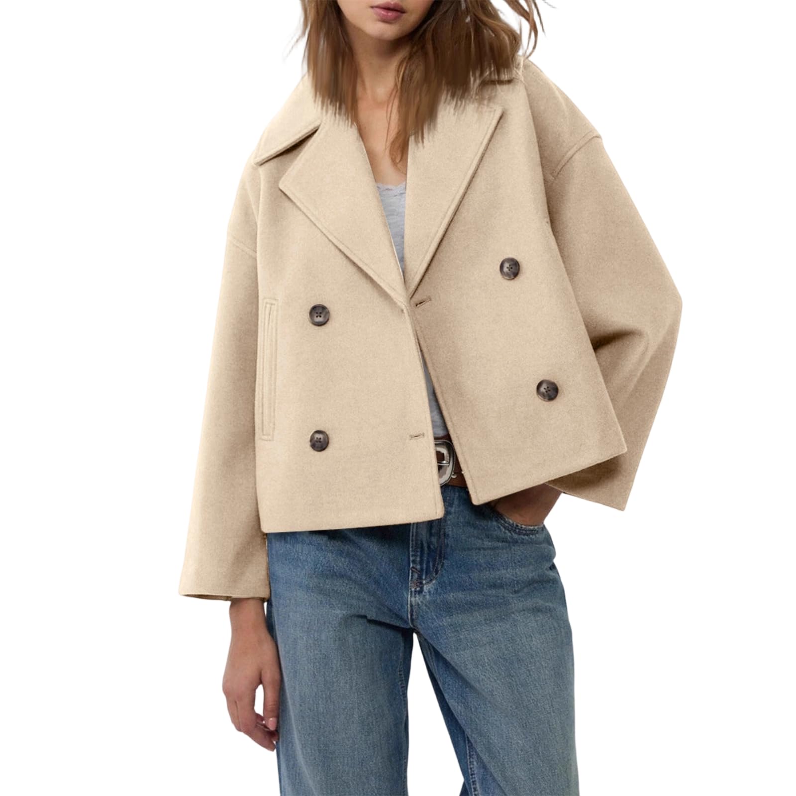 Kurzmantel Damen Elegant Übergang Mantel Winter Zweireihig Kurzer Trenchcoat Wolle Wintermantel Damen Kurz Warm Wollmantel Winter Crop Revers Winterjacke Damenmantel mit Taschen Kurztrench