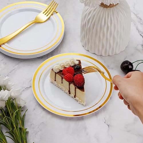 Miniatura 3 de Goodluck 240 platos dorados con tenedores de plástico, plato de postre dorado para 120 invitados, vajilla desechable resistente para fiestas,