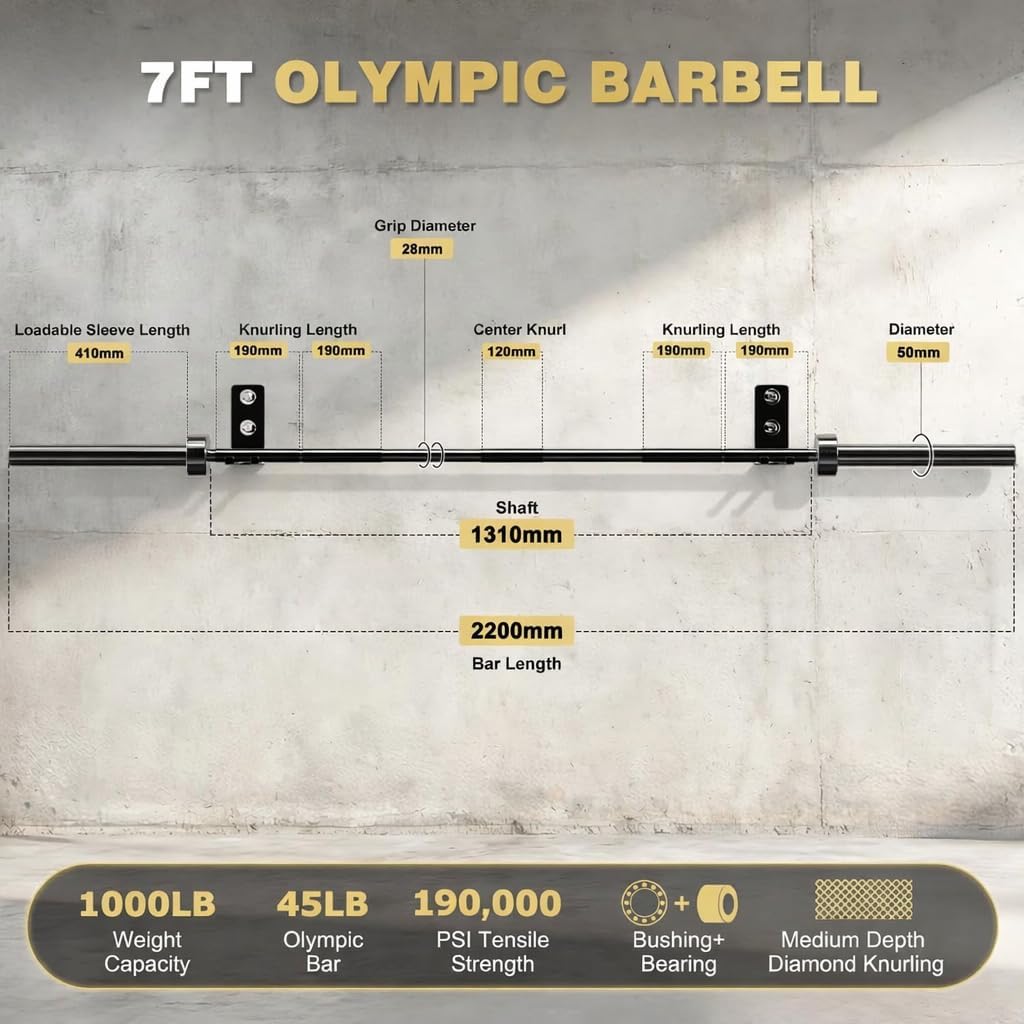 7FT Olympic Barbell for Home Gym Strength Training, 45 Lbs 2-inch Weight Bar with 28mm Grip, 1000 Lbs Capacity 190K PSI Alloy Steel