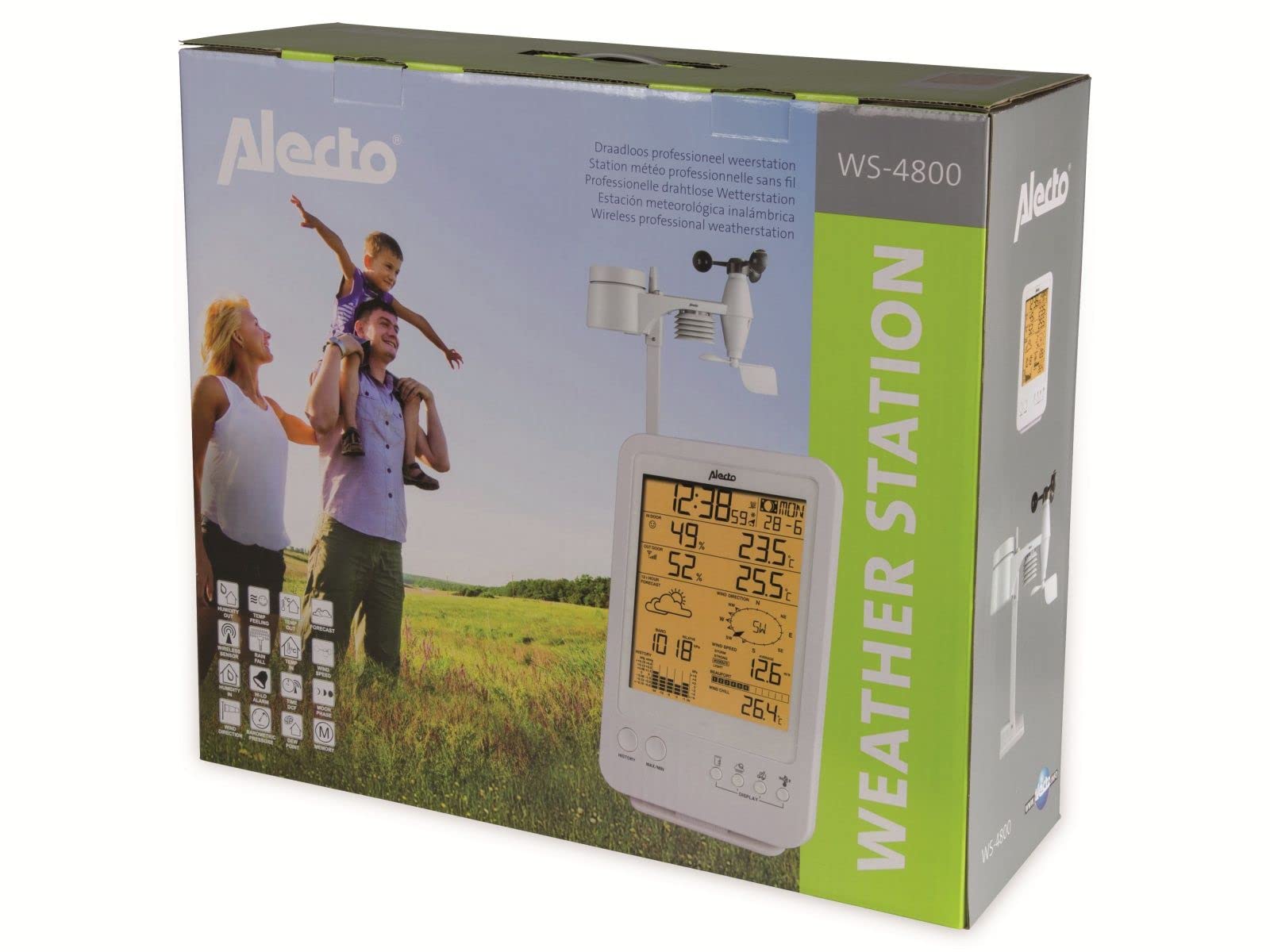 Alecto WS-4800 Wetterstation Funk mit Außensensor - Funkwetterstation - 5-in-1 - großes Display - speichert Messwerte - Funkuhr - Datumsanzeige - Mondphasen - weiß