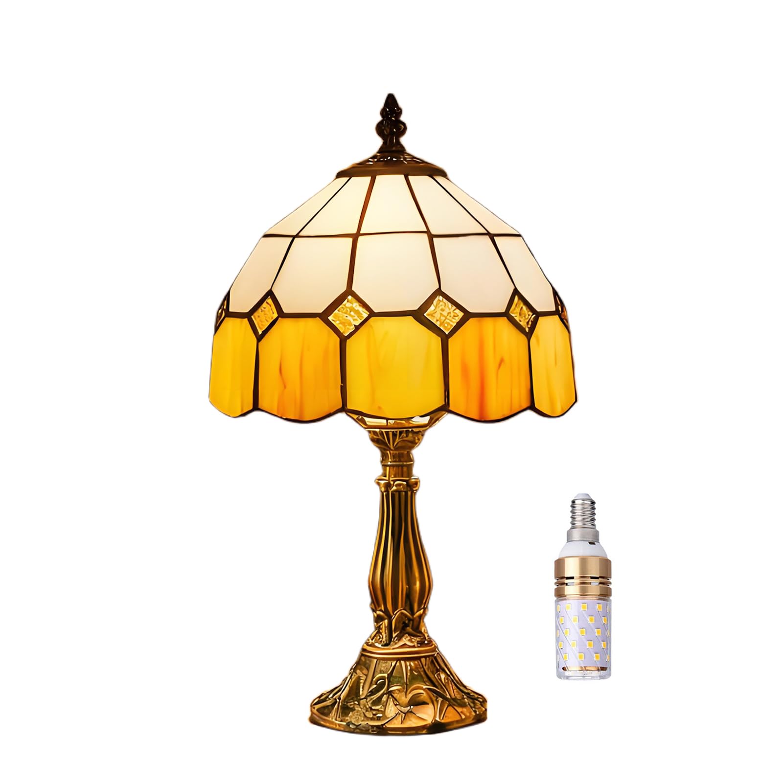 Table Lamp Tiffany-Style 8 Inch Mediterranean Series Stained Glass Lampshades Small Bedside Lamp Reading Antique Desk Light Livingroom Bedroom Office Vintage Art De(Color:Yellow)