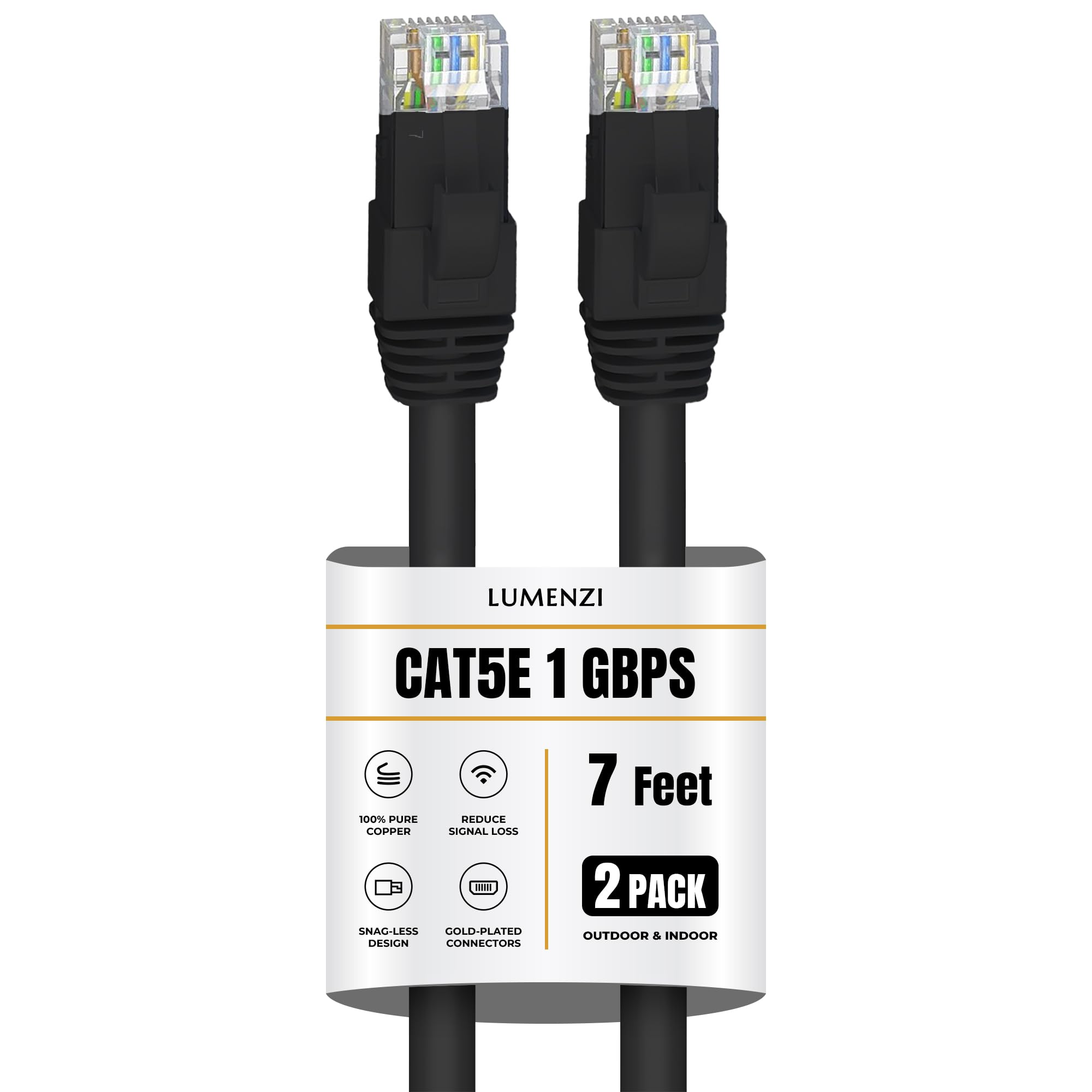 Lumenzi Cat 5e Ethernet Cable 7 FT in Black 2 Pack 1 Gbps Speed Network Round Rj45 Outdoor Indoor Direct Burial Bare Copper LAN Patch Cable for Router Gaming PS5 Xbox Printer Computer CCTV Switch