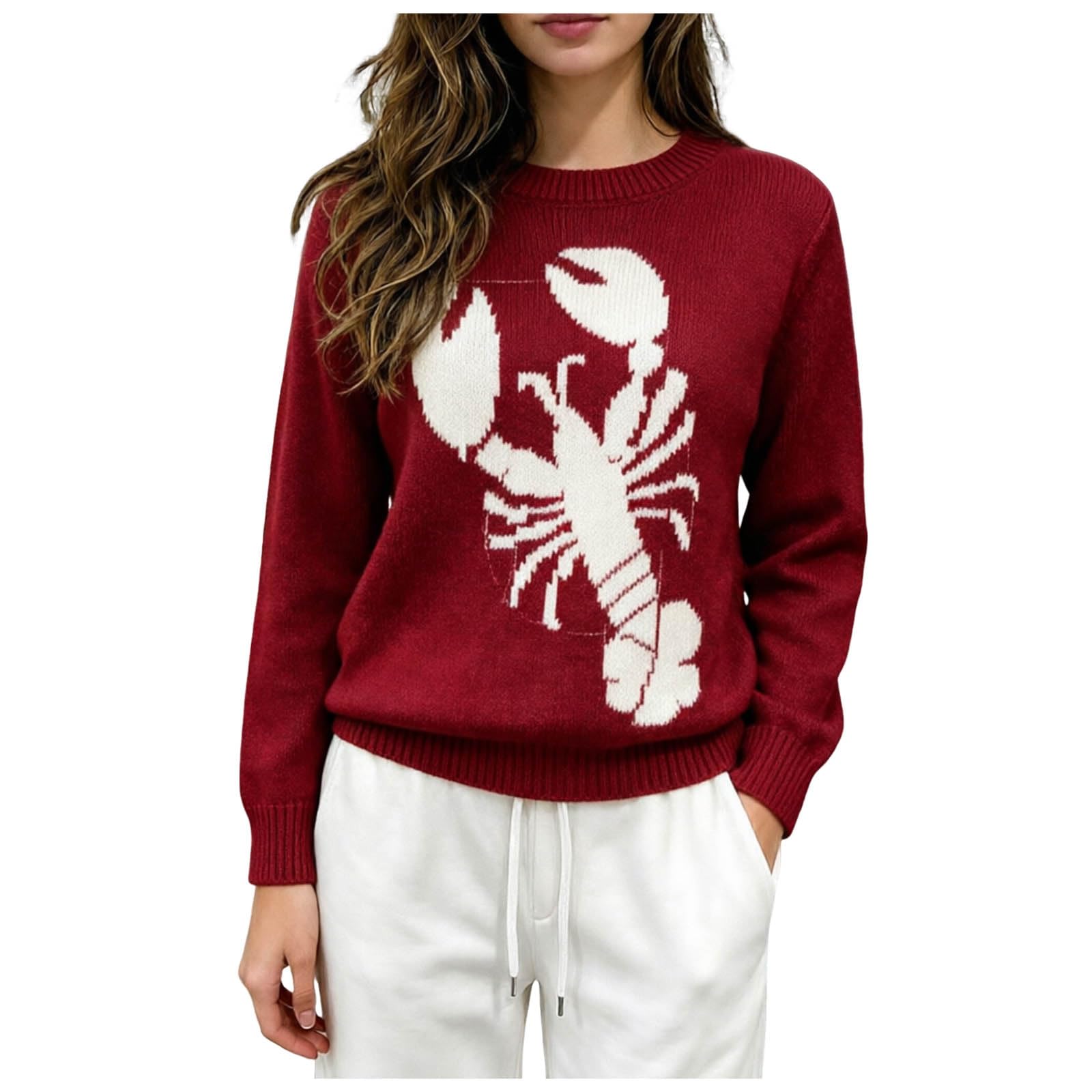 Women Lobster Jacquard Knit Sweater Soft Warm Long Sleeve Relaxed Crew Neck Graphic Seafood Print Pullover Casual Autumn Winter Daily Knit Top Red